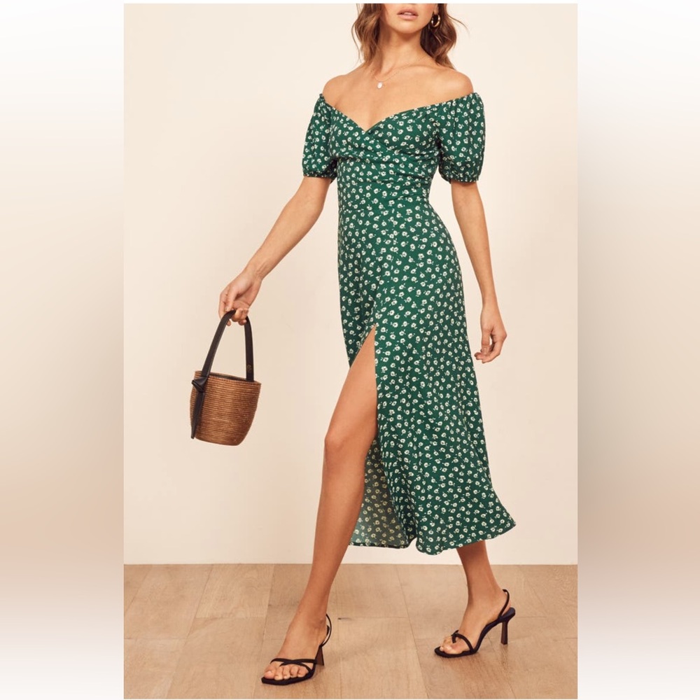 Green floral Reformation off shoulder dress